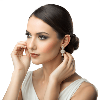 Woman adjusting earrings, completing her stylish look png