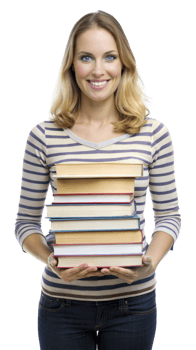 Smiling woman holding a stack of books, looking ready for study or work png
