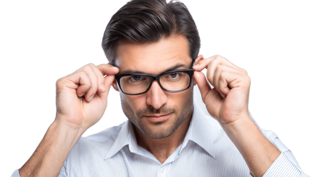 Man adjusting his glasses, focusing intently on his task png