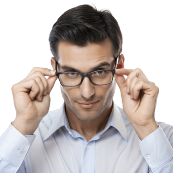 Young man adjusting glasses with a focused expression, isolated png