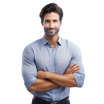 Confident man standing with arms crossed, wearing a light blue shirt png