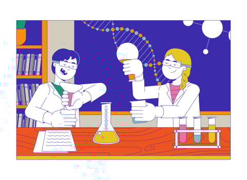 Inspired children students doing chemical experiments 2D cartoon characters. Schoolchildren in scientific lab isolated flat people white background. School education color spot illustration vector