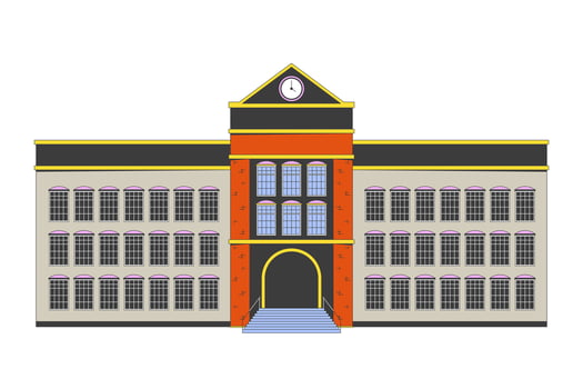 School exterior 2D cartoon object. Academy entrance. Highschool building facade schoolhouse isolated flat element white background. College campus architecture color spot illustration vector
