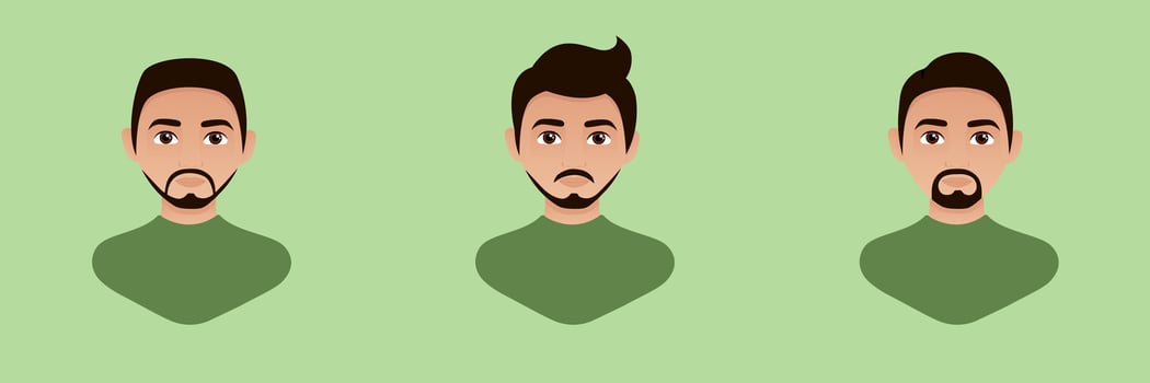 Avatar of a man with a beard and different hairstyles. Portrait of a European with dark hair. Flat illustration vector