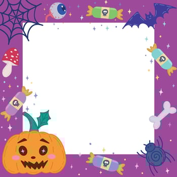 Halloween photo frame with pumpkins, bats, spiders, eyes and fly agarics.A Halloween frame. Decorated Halloween background frame. illustration for postcards, banners and posters. vector