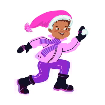 Happy boy in winter clothes playing snowballs. Winter outdoor activity. Hand-drawn flat illustration. vector
