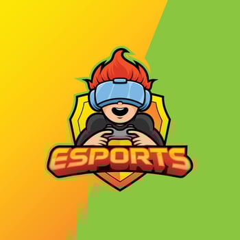 Red haired child playing VR game. Cartoon esport emblem logo. vector