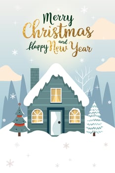 Christmas card with cute house. Gold lettering. illustration for New year invitation, postcard and banner vector