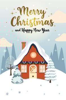 Merry Christmas card with scandi house. Gold lettering. illustration for New year invitation, postcard and banner vector