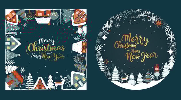 Set of xmas cards, frames with scandi houses, trees, golden lettering. Concept christmas and New Year. Winter poster vector