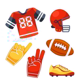 American football fan gear set with a helmet, jersey, foam fingers, and cleats, perfect for representing the sport and showing team spirit vector