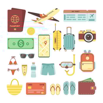 Travel set. Travel accessories collection. Passport, airplane, tickets, money, suitcases, backpack, wallet, credit card, diving mask, camera, bag, slippers, swimsuit. Vacation, holiday weekend. vector