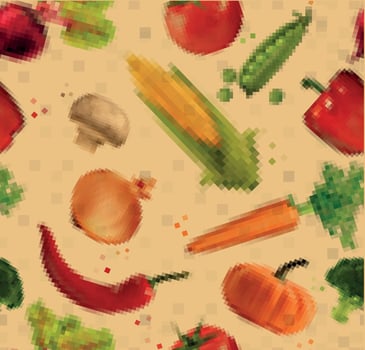 Pattern pixel vegetables corn, pepper, peas, broccoli, onion, beet, mushrooms, tomato, pumpkin, cabbage, cucumber, carrot, chili pepper, leek drawing on kraft vector