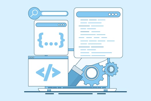 Programming Concept, Software development and programming, program code on laptop screen, big data processing, computing, programming language. flat illustration on background. vector