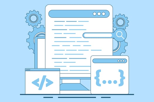 Programming Concept, Software development and programming, program code on laptop screen, big data processing, computing, programming language. flat illustration on background. vector