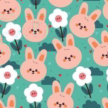 seamless pattern cartoon bunny with flower and clouds. cute wallpaper for fabric print, gift wrap paper vector