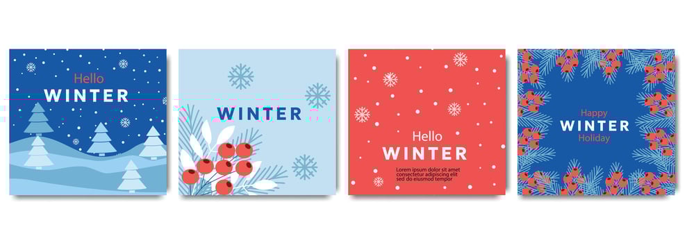 Winter greeting cards, posters, holiday covers template with snowy landscapes, red berries, and snowflakes in festive red and blue design. Modern winter design. For banner, ads, social media vector