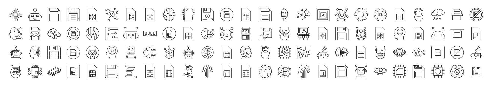 Technology Minimalistic Linear Illustrations of Brain, Chip, Robot, Artificial Intelligence. Contains Icons of Brain, Chip, Robot, Artificial Intelligence that Can Be Used for Design of Cards, Posts vector