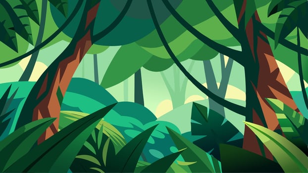 Green Forest Nature Yellow Background with lots of Tress, Plants and Sun Rays Touching the Plants and Trees. vector