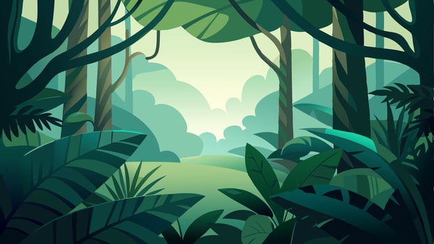 Green Forest Background with multiple layers and lots of Tress, Plants and Sun Rays Touching the Plants and Trees. vector