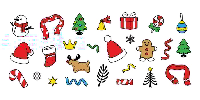 Christmas icon Santa Claus hat snowflake christmas tree candy cane gift box reindeer snowman ribbon bell polka dot scarf Ginger bread logo character cartoon symbol illustration doodle clip art vector