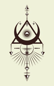 mysterious magical crescent moon sacred geometrical figure of a circle inscribed in a triangle, logo tattoo mythological symbol in boho style. Wiccan witches protective symbols background vector