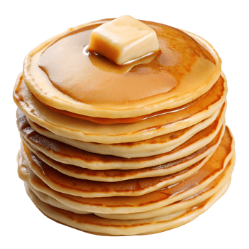 Stack of golden pancakes with butter and maple syrup on top transparent file png