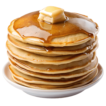 Tall stack of pancakes with butter and maple syrup on white plate transparent file png