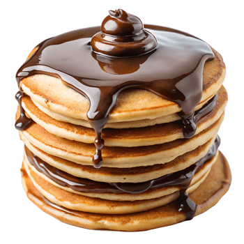 Stack of pancakes topped with thick chocolate syrup transparent file png
