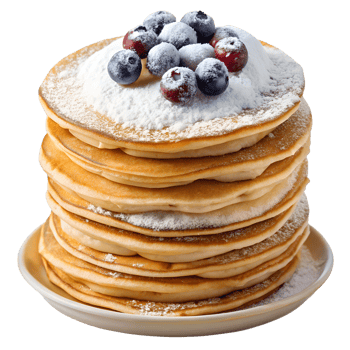 Pancakes dusted with powdered sugar and blueberries on top transparent file png