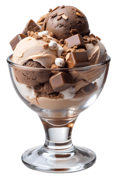 Delicious chocolate and vanilla ice cream sundae with chocolate chunks and caramel toppings, in glass cup, transparent file png