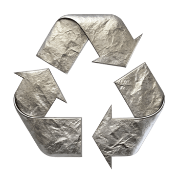 Crumpled silver recycling symbol with weathered texture, rugged environmental icon, transparent file png