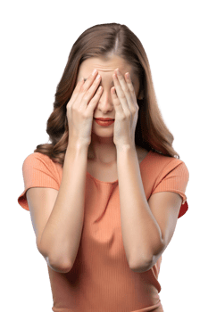Young woman In an orange t-shirt, covering her eyes isolated on a transparent background png