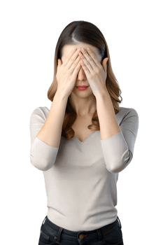 Young woman In a grey t-shirt, covering her eyes isolated on a transparent background png