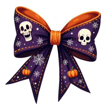 Halloween bow with skulls, pumpkins, and spider webs in orange and purple tones, perfect for halloween decorations, party invites, or spooky-themed crafts png