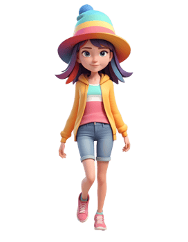 A cartoon girl wearing a hat and shorts png