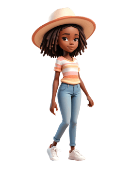 A cartoon girl wearing a hat and jeans png