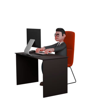 Educational Professional 3D. Man Sitting on a Chair and Working in Front of a Computer on a Desk. Male Teacher Cartoon png