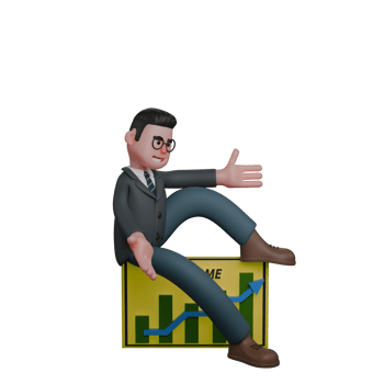 3D Male Teacher in Professional Role. A man in formal attire sits sideways at a board showing a growing income graph. Educational Cartoon png