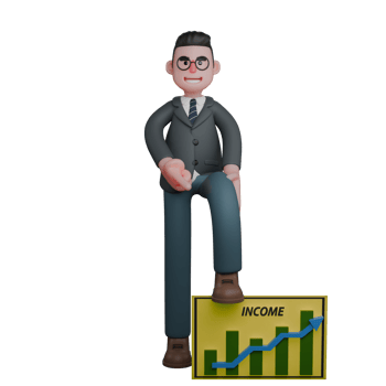 Educational Male Teacher. A man in formal attire stands with one foot on a board displaying a rising income chart. 3D Professional Character png