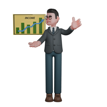 Professional 3D Educational Teacher. A man in formal attire is showing a board displaying a graph of income growth while turning his face to the right. Male png