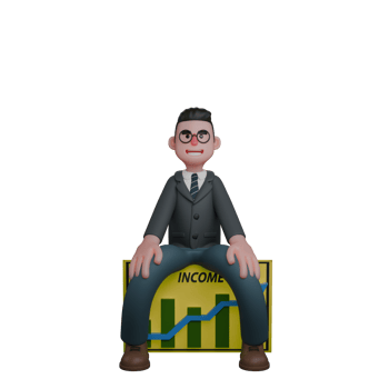 Educational Professional Male. A man in formal attire sits at a board showing a growing income graph. 3D Teacher Cartoon png