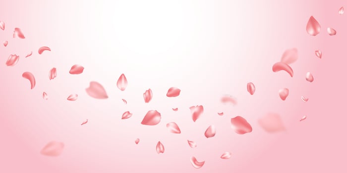 Pink rose petals and pink hearts will fall on abstract floral background. Rose petal greeting card background design. vector