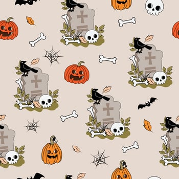 Seamless Cute Spooky Halloween Pattern with Skulls, Tombstones, Pumpkins, and Bats for decorate invitation greeting Party Celebration card poster banner textiles wallpaper background vector