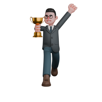 3D Professional Male Teacher Character. A man in formal attire is running with a wide smile while holding a trophy in his hand. Educational png