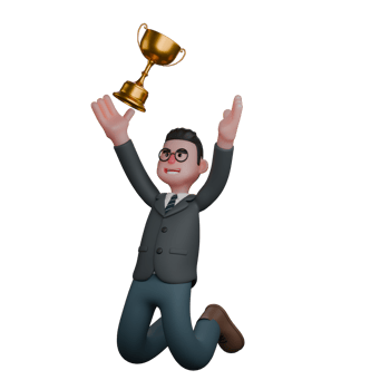 3D Professional Male Teacher Character. A man in formal attire is running with a wide smile while holding a trophy in his hand. Educational png