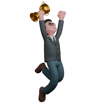 Professional Teacher Character in 3D. A man in formal attire jumps with enthusiasm while holding a trophy in both hands. Male png