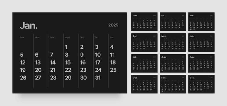 Calendar template for 2025 year. Wall or desk calendar in dark color. vector