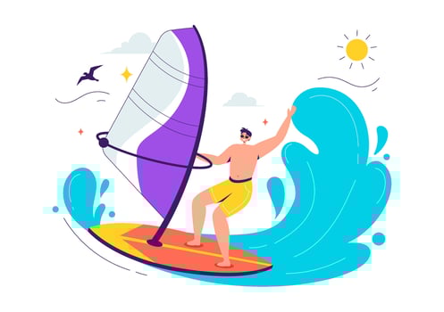 Extreme Sports Illustration of Windsurfing, Featuring a Person Steering the Sail on a Sailing Board in a Playful Cartoon Landscape vector