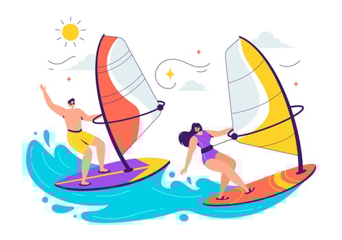 Illustration of Windsurfing with a Rider Balancing on a Board, Maneuvering the Sail, in an Extreme Water Sport Scene vector